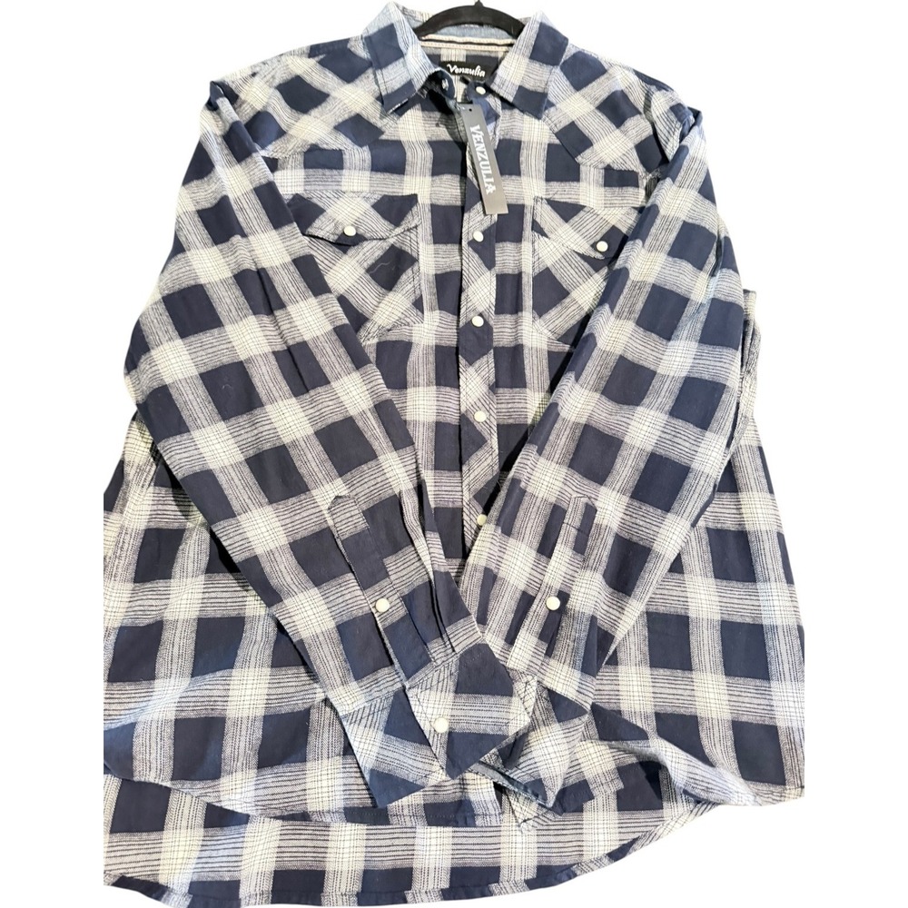 Men's NWT NEW Venzulia Xl Shirt Flannel Pearl Snap Button Up Western Blue Plaid